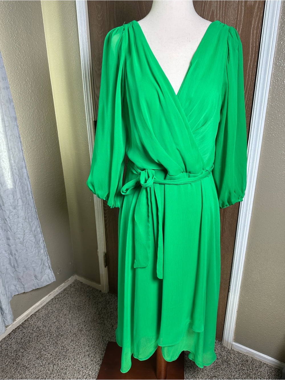 Dkny Emerald Green Wrap Midi Dress with Tie Waist